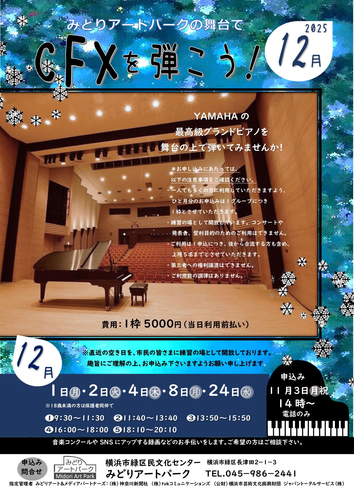 申込みを締め切りました】12月分 みどりアートパークでヤマハCFXを弾 